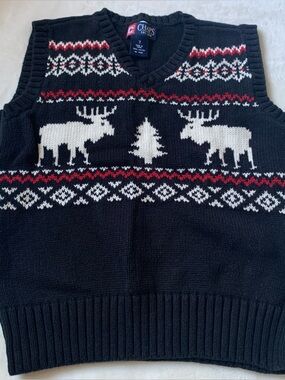 Chaps Kids Black Fair Isle Moose V-Neck Sweater Vest Size 7